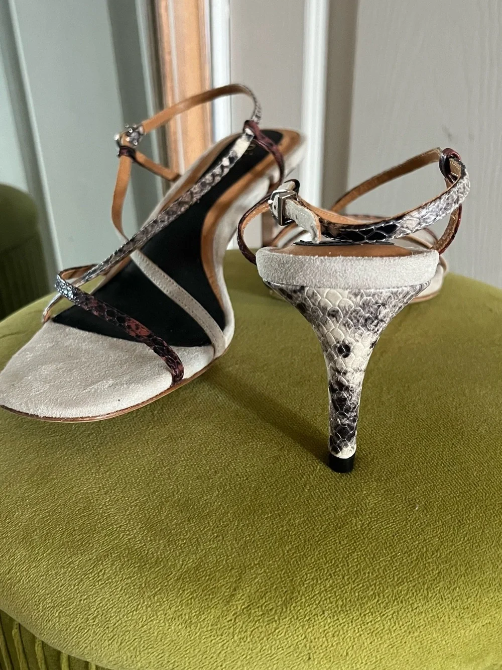 Joie Beige Suede Sandals with Snake-Print Straps